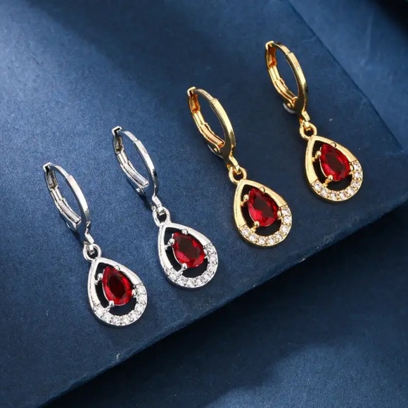 Elegant Silver Drop Earrings with Red Teardrop Ruby and Crystal Accents Vintage - Picture 3 of 4